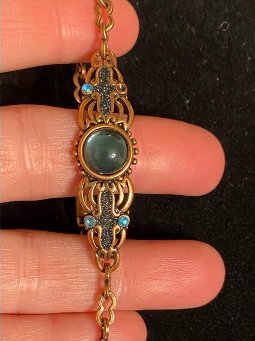Vintage Filigree Copper Teal Cabochon Bracelet Dark Academia Edwardian